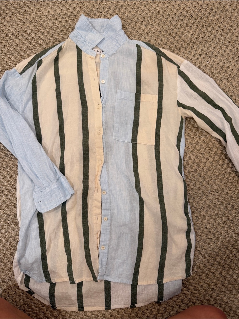 Lemlem Light Blue, Cream & Dark Green Vertical Stripe Button-Up Shirt
